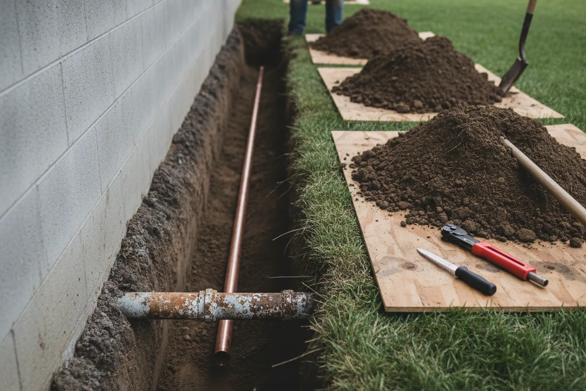 Excavated water line trench during Water Heater Repair in Orient